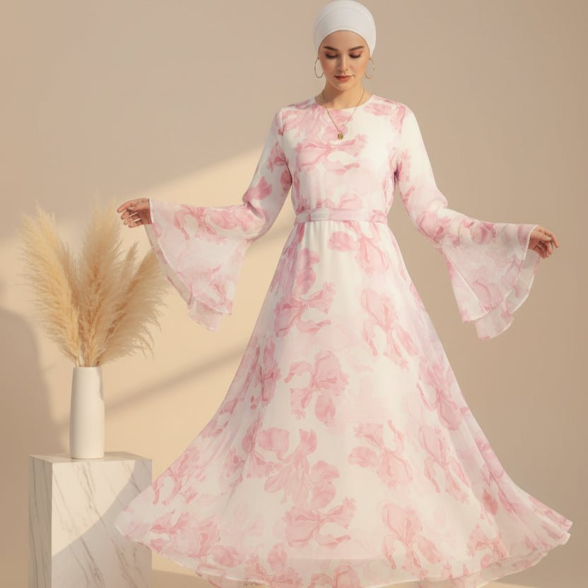 Blossom Printed Chiffon Abaya | Flared Sleeve Abaya (MA149) - Mariam's Collection