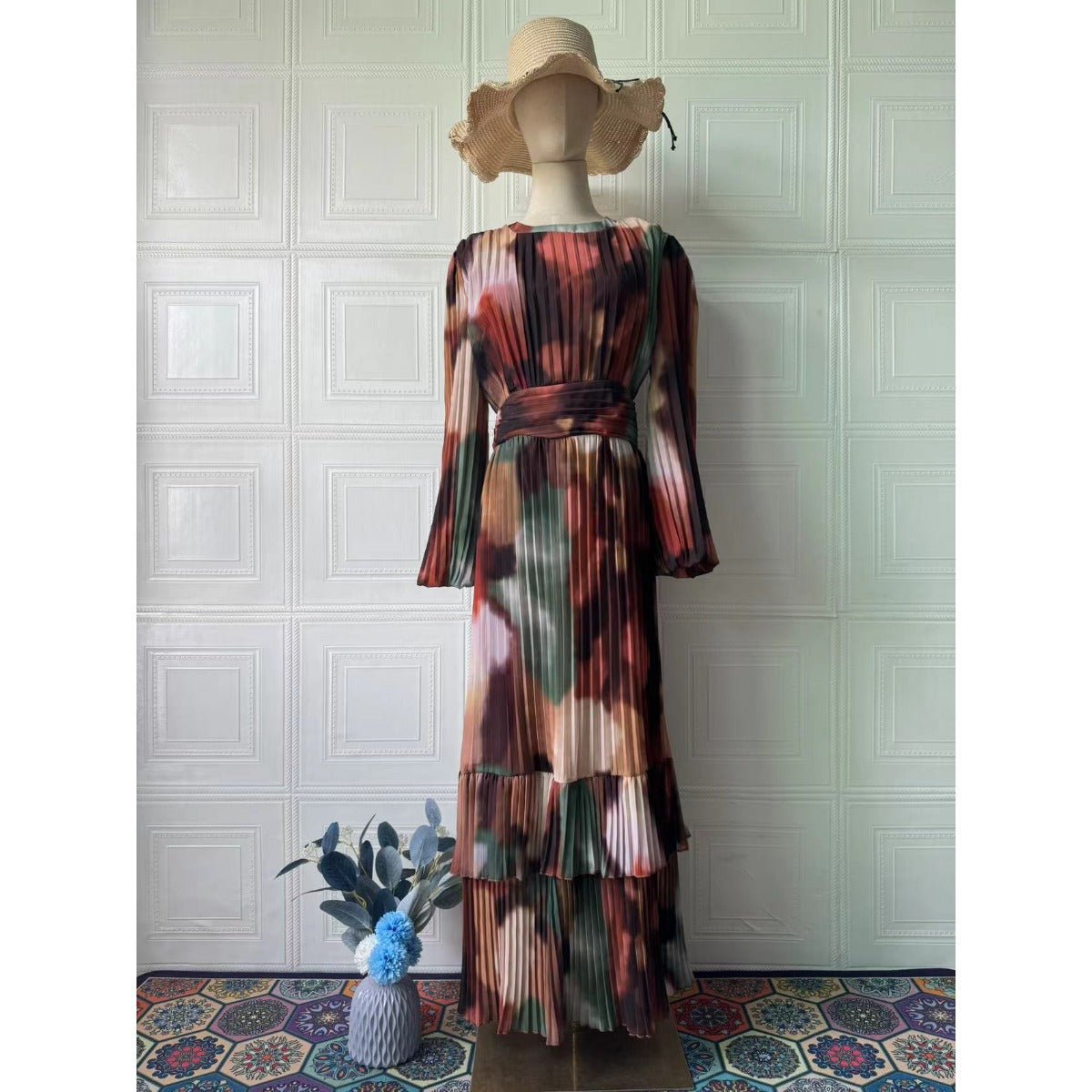 Bohemian Earth - Tone Maxi Dress Long Sleeve Crew Neck Pleated Dress. (MA237) - Mariam's Collection
