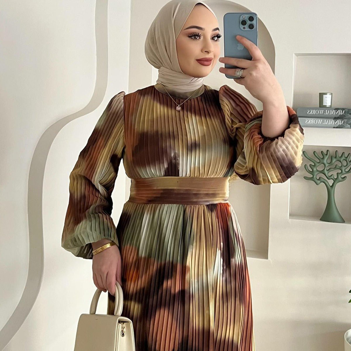 Bohemian Earth - Tone Maxi Dress Long Sleeve Crew Neck Pleated Dress. (MA237) - Mariam's Collection