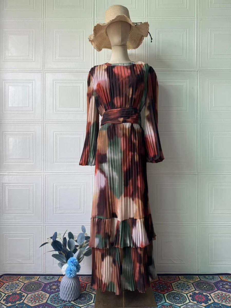 Bohemian Earth - Tone Maxi Dress Long Sleeve Crew Neck Pleated Dress. (MA237) - Mariam's Collection