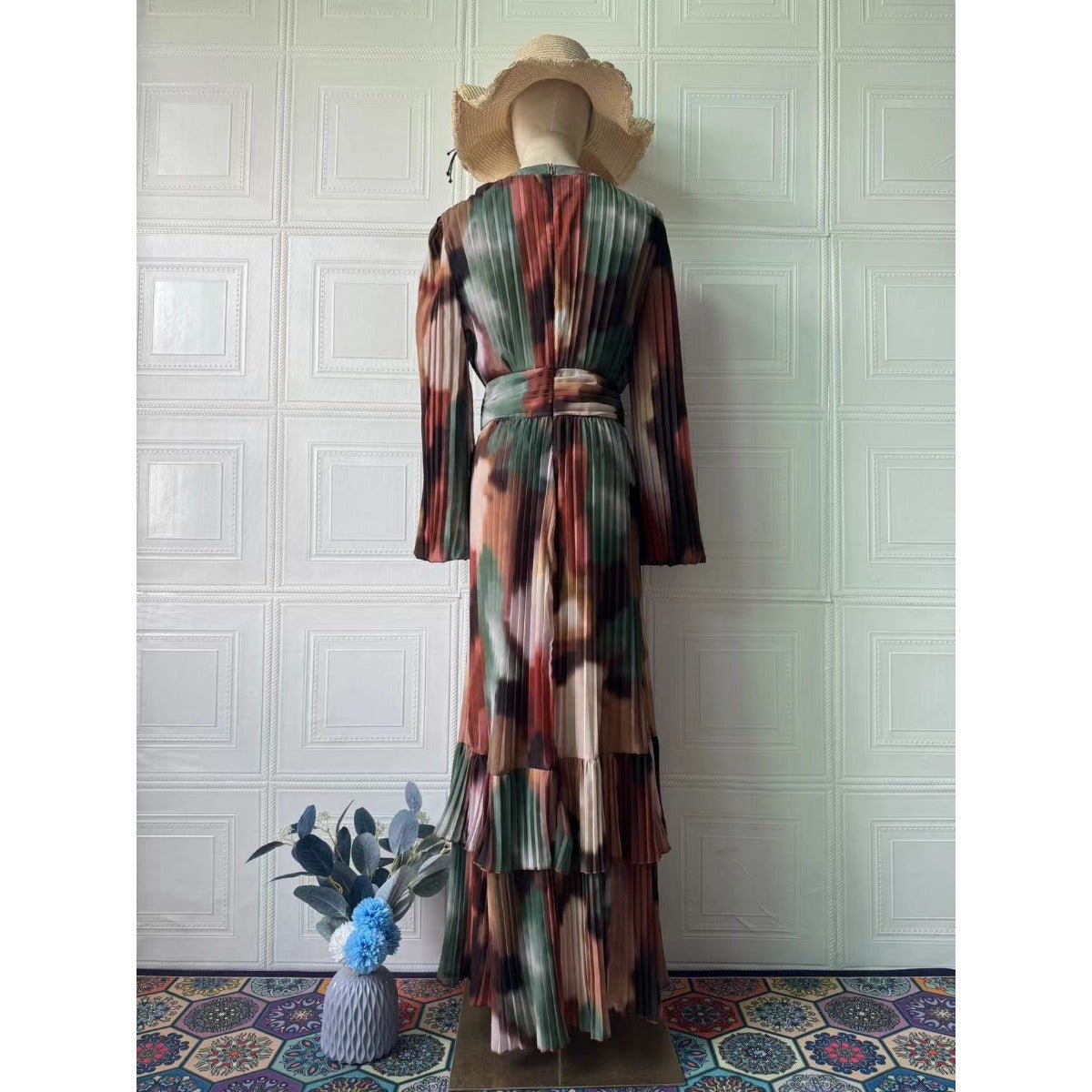 Bohemian Earth - Tone Maxi Dress Long Sleeve Crew Neck Pleated Dress. (MA237) - Mariam's Collection