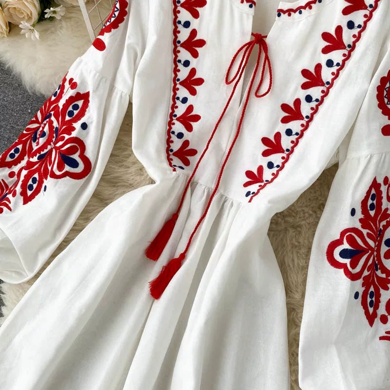 Side view of bohemian linen maxi dress showing A-line flared skirt and full-length hem