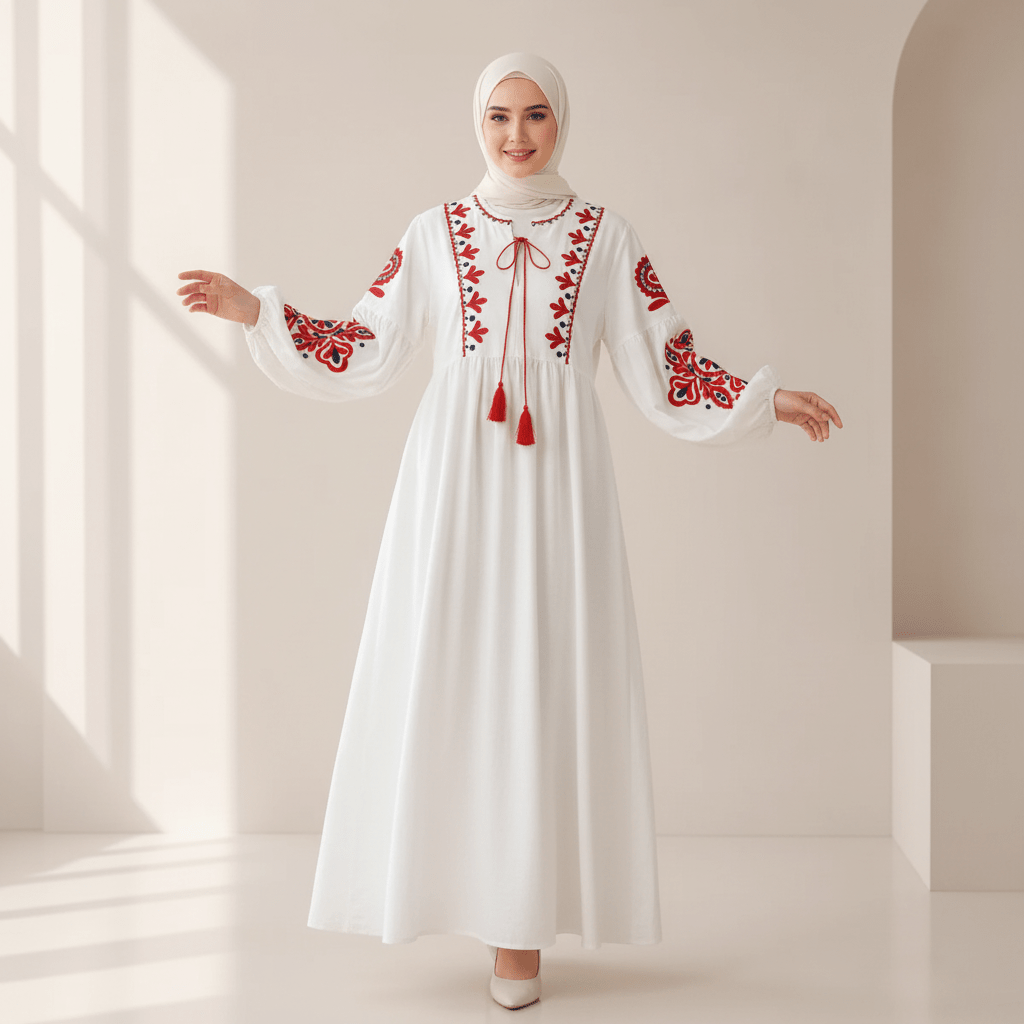 Bohemian Embroidered Linen Maxi Dress – Folk Embroidery Abaya