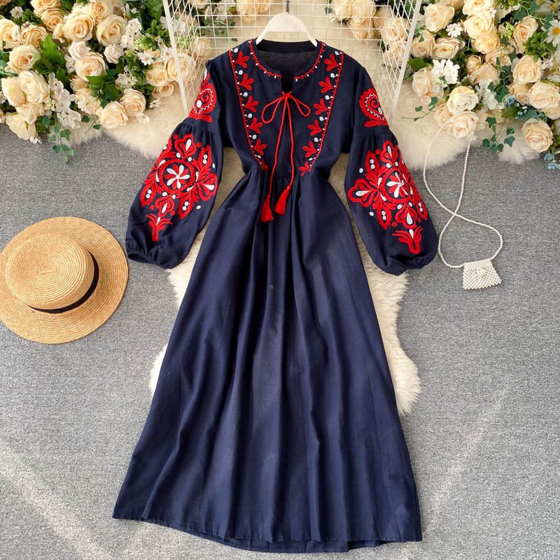 Bohemian Embroidered Linen Maxi Dress – Folk Embroidery Abaya