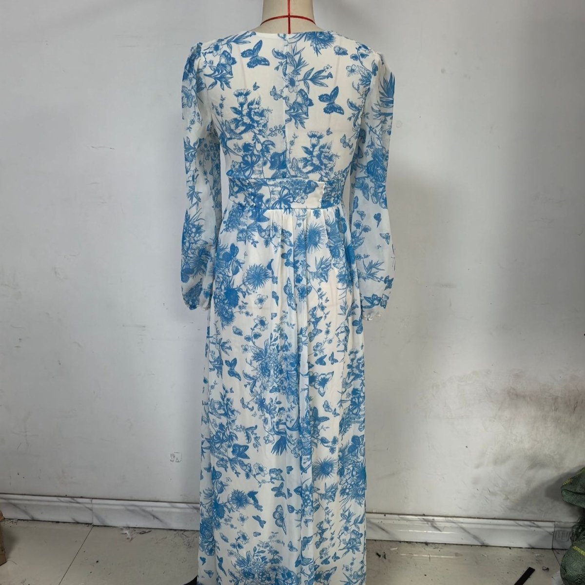 Chinoiserie botanical dress with allover floral print in blue tones