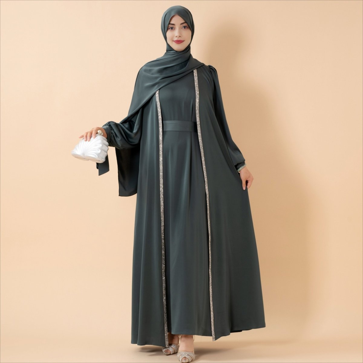 Bow Tie Sleeve Abaya Set With Long - sleeve Inner Dress (MOA026) - Mariam's Collection