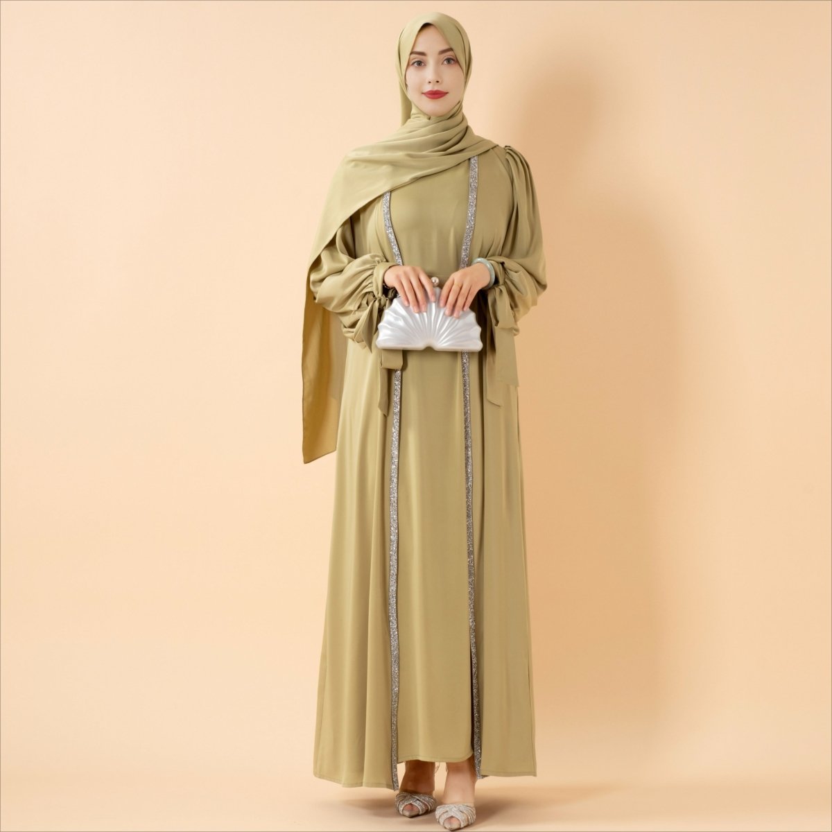Bow Tie Sleeve Abaya Set With Long - sleeve Inner Dress (MOA026) - Mariam's Collection