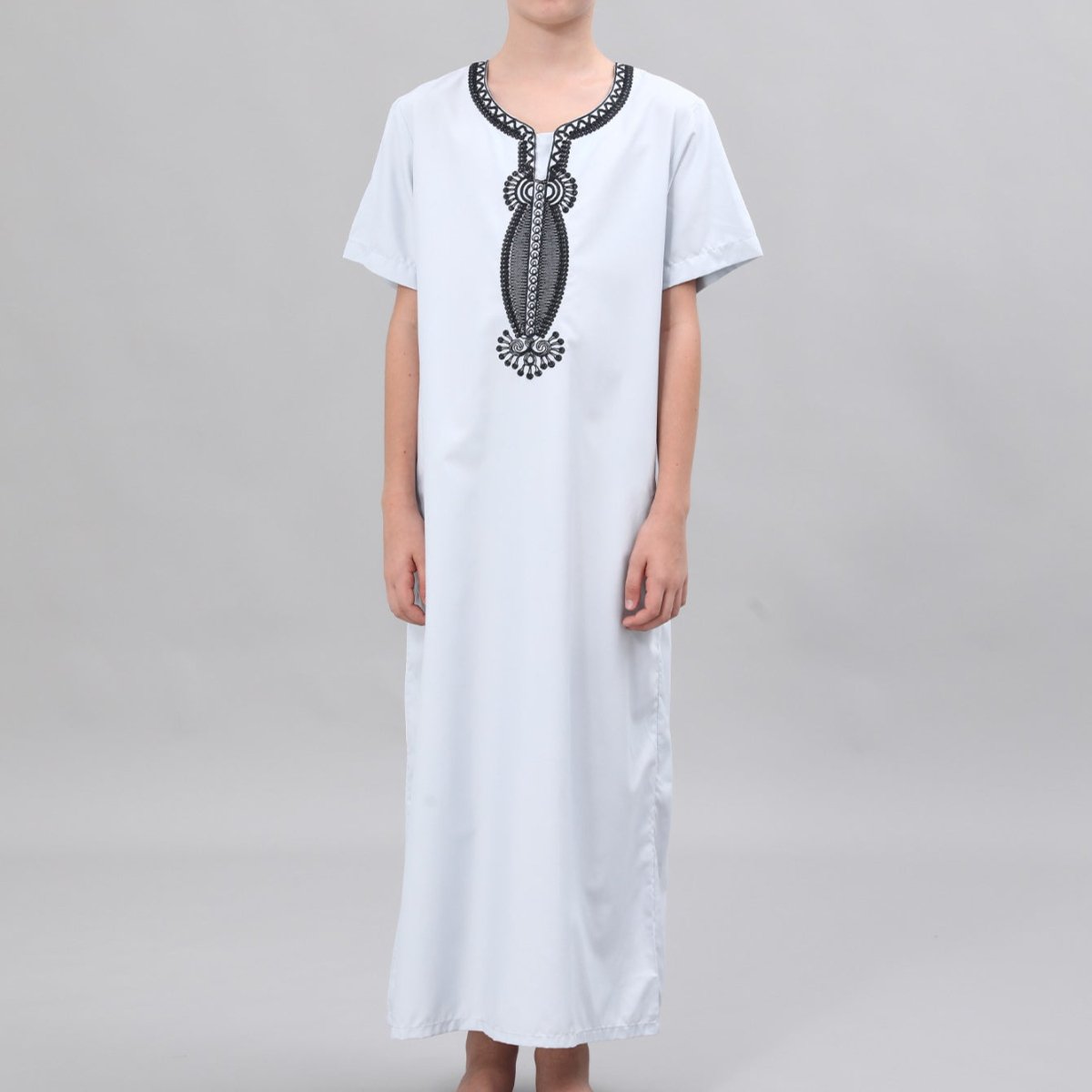 Boys' Embroidered Thobe with Ornate Neckline(MKB036) - Mariam's Collection