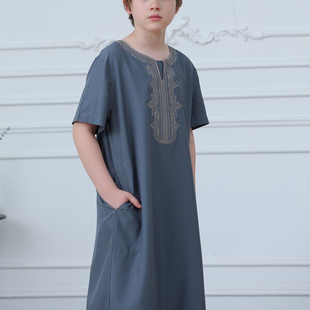 Boys' Embroidered Thobe with Side Pockets(MKB029) - Mariam's Collection