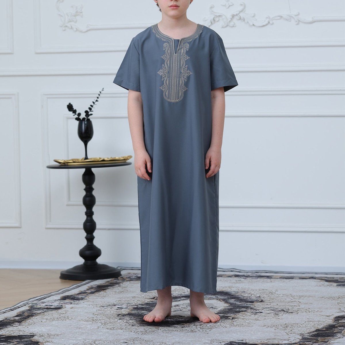 Boys' Embroidered Thobe with Side Pockets(MKB029) - Mariam's Collection
