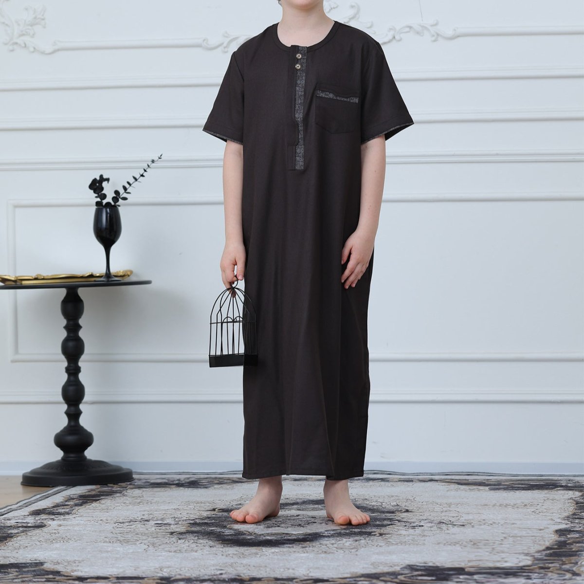 Boys' Embroidered Thobe with Zipper & Pockets(MKB028) - Mariam's Collection