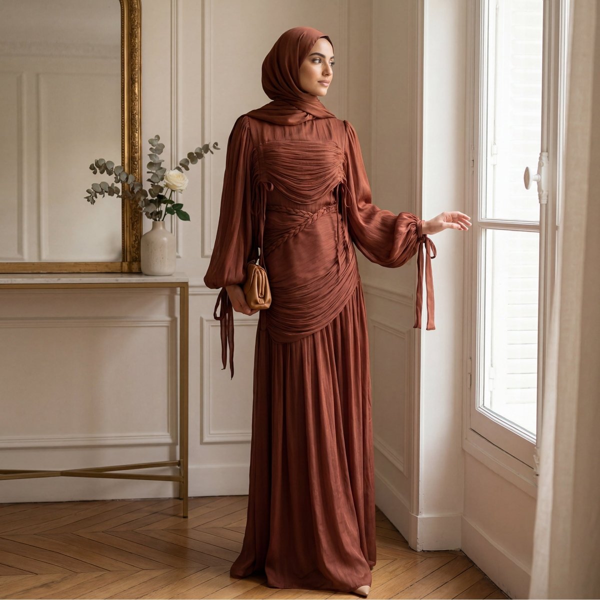 Braided Collar Ruched Fringe Maxi Abaya Dress – Pleated Abaya