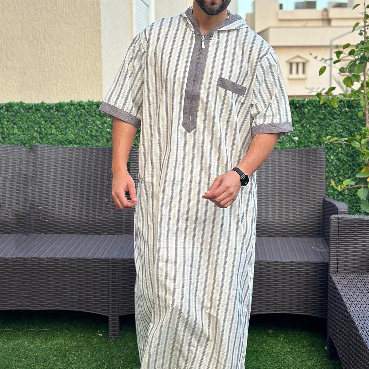 Breathable 3D Digital Print Striped Thobe Men's Loose Fit Short Sleeve Muslim Robe with V - Neck. (MT033) - Mariam's Collection