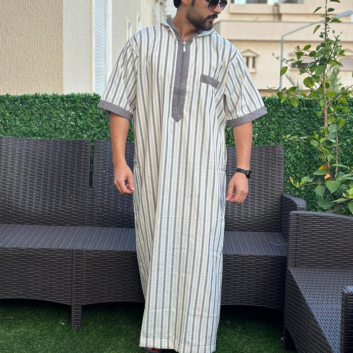 Breathable 3D Digital Print Striped Thobe Men's Loose Fit Short Sleeve Muslim Robe with V - Neck. (MT033) - Mariam's Collection