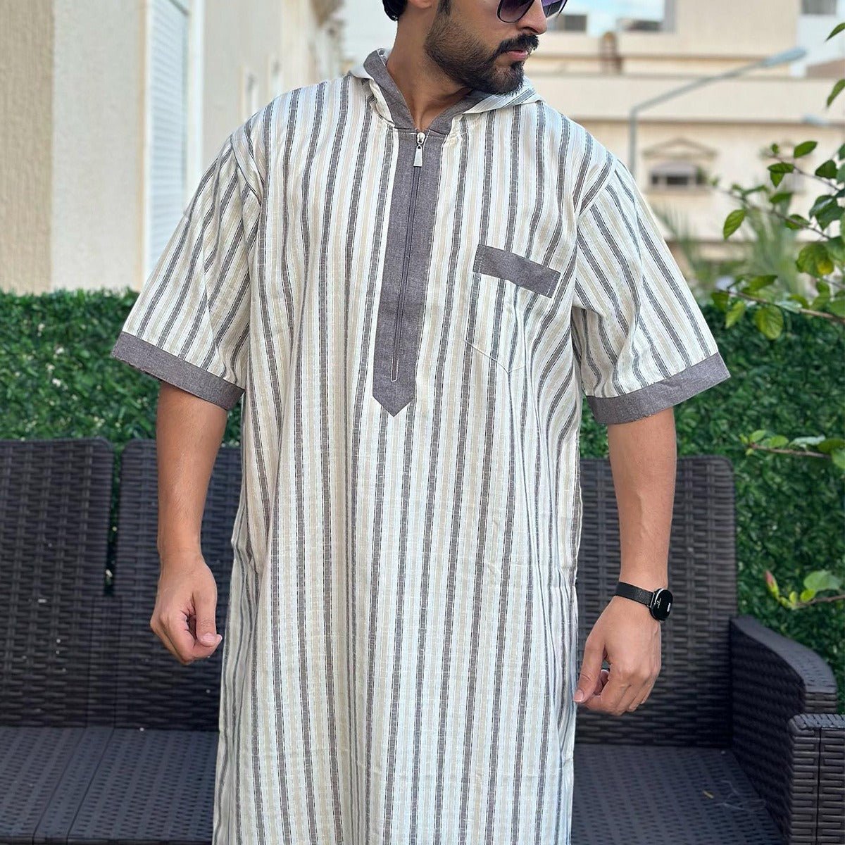 Breathable 3D Digital Print Striped Thobe Men's Loose Fit Short Sleeve Muslim Robe with V - Neck. (MT033) - Mariam's Collection