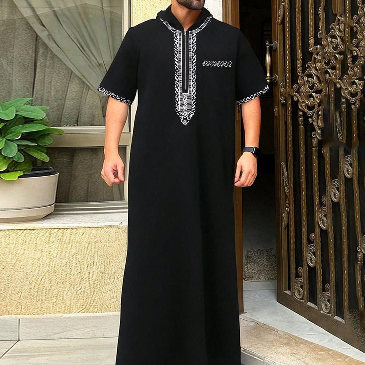 Breathable 3D Digital Print Striped Thobe Men's Loose Fit Short Sleeve Muslim Robe with V - Neck. (MT033) - Mariam's Collection
