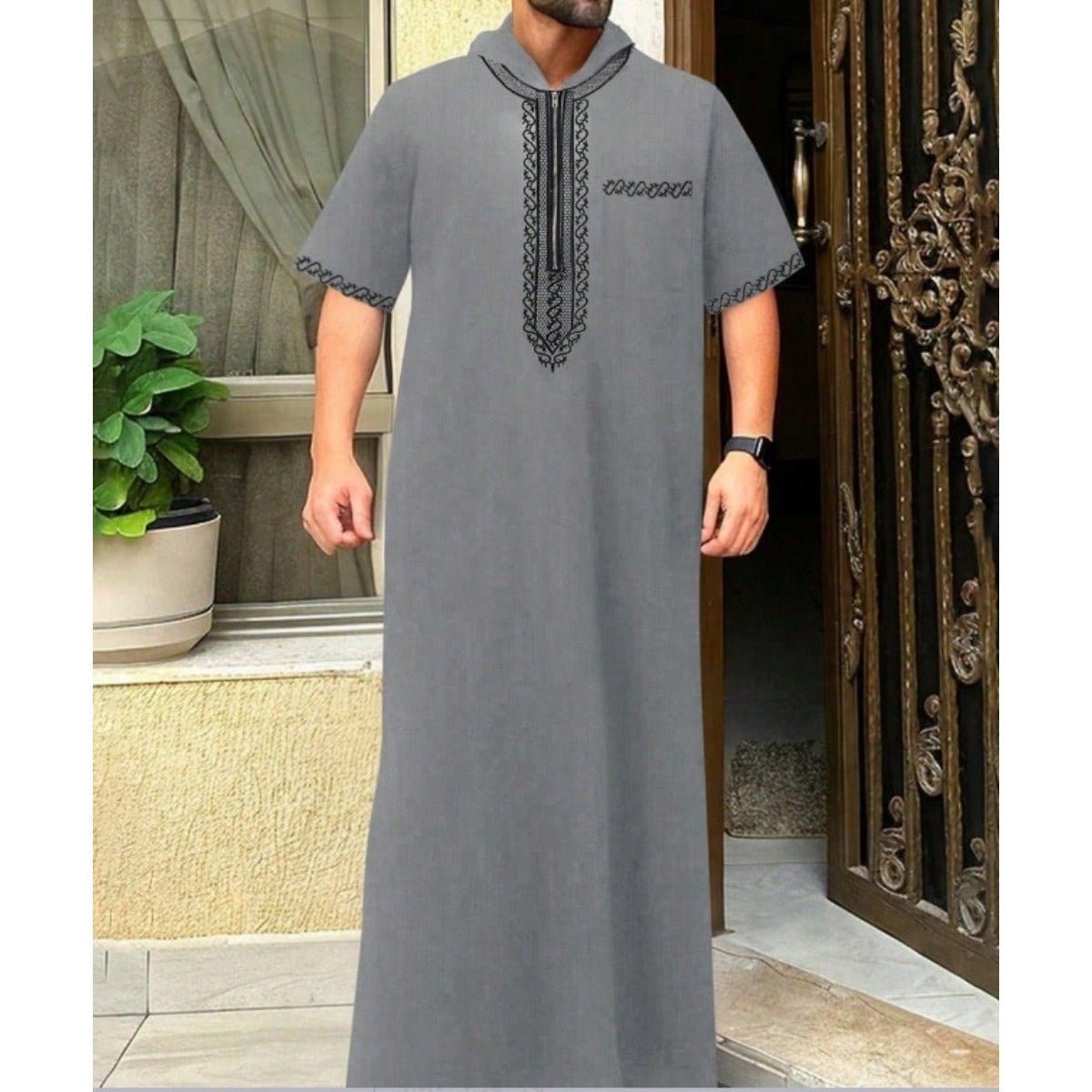 Breathable 3D Digital Print Striped Thobe Men's Loose Fit Short Sleeve Muslim Robe with V - Neck. (MT033) - Mariam's Collection