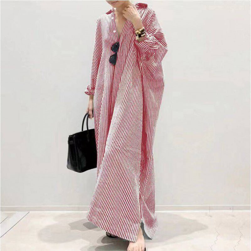Breathable Stripe Print Loose Fit V - Neck Batwing Sleeve Abaya Dress Maxi Dress with Side Pockets. (MA232) - Mariam's Collection
