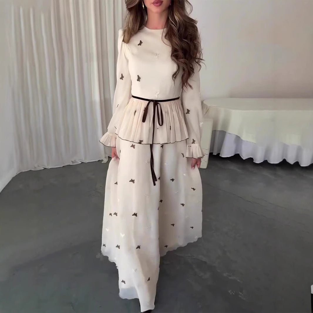 Butterfly Embroidered Maxi Dress | Long Sleeve Peplum Waist Dress(MS274) - Mariam's Collection
