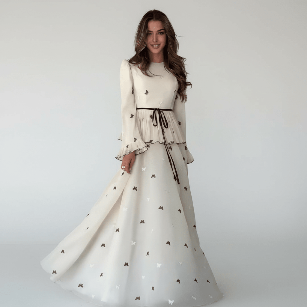 Butterfly Embroidered Maxi Dress | Long Sleeve Peplum Waist Dress(MS274) - Mariam's Collection