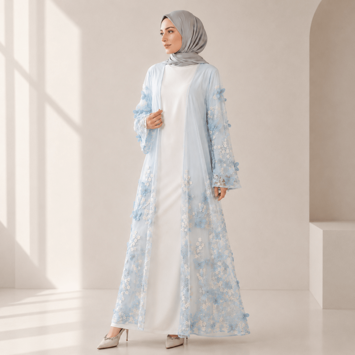 Butterfly Whisper Embroidered Open Abaya – 3D Mesh Abaya