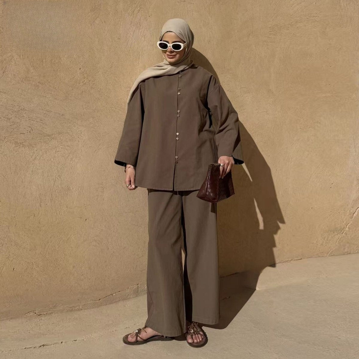 Button-Front Longline Top & Wide-Leg Trouser Set – Modest Co-ord