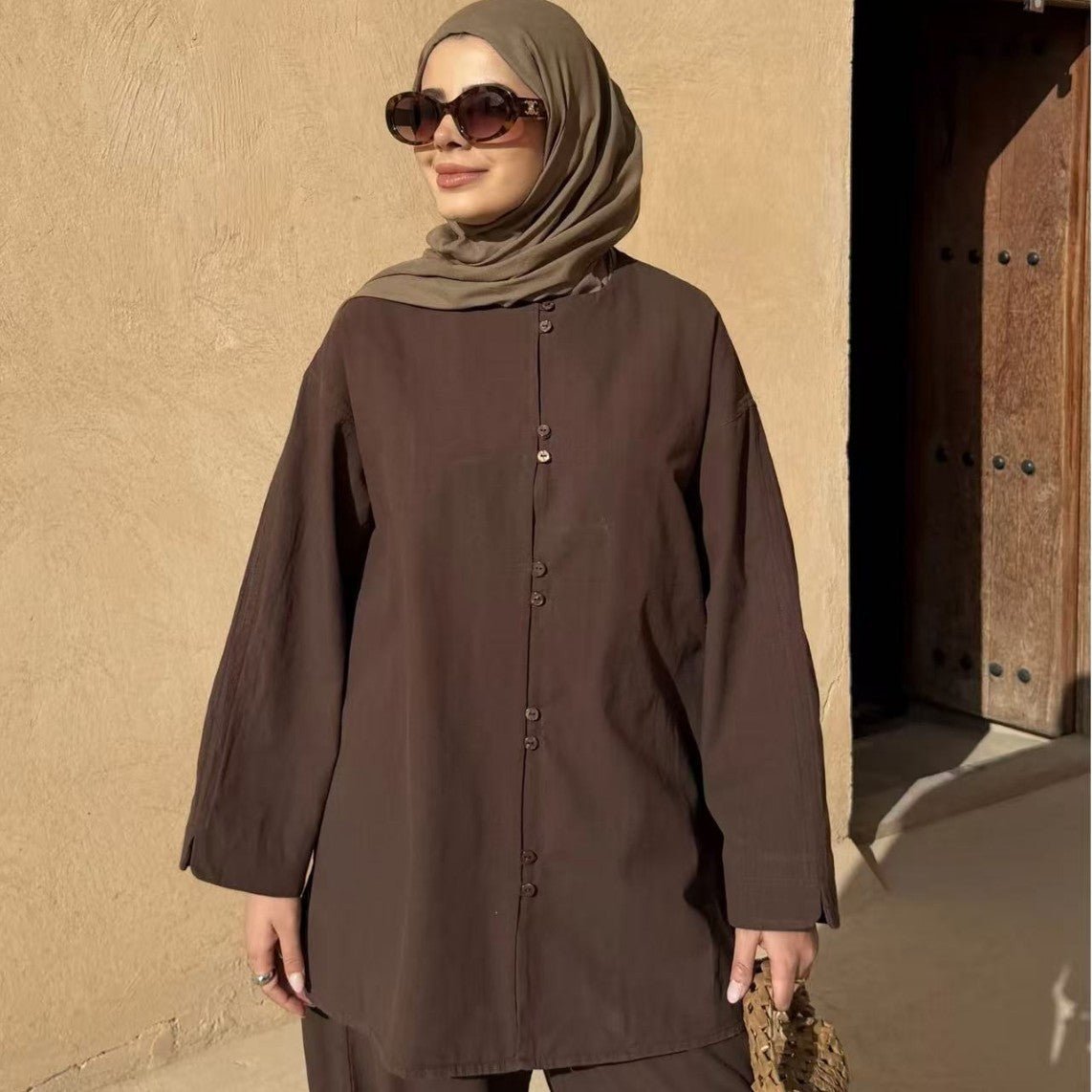 Button-Front Longline Top & Wide-Leg Trouser Set – Modest Co-ord