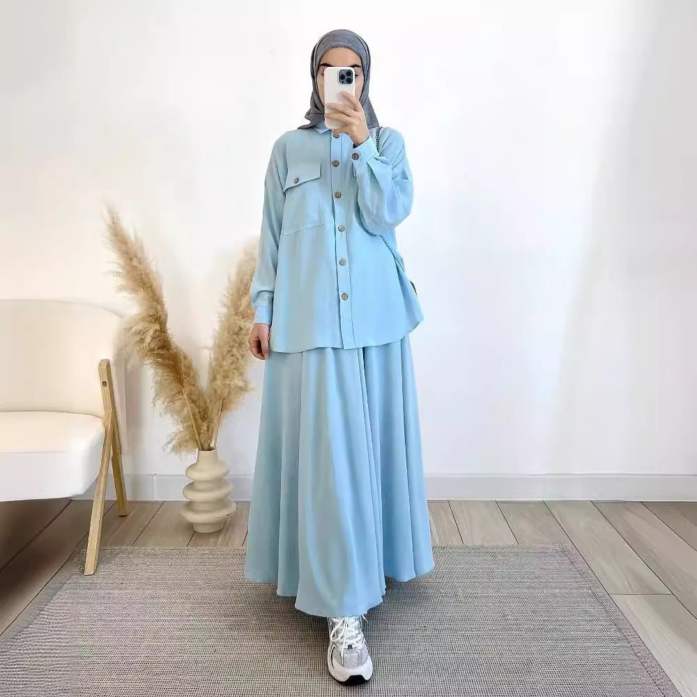Button-Up Shirt & Flared Maxi Skirt Two-Piece Co-ord Set(MS525) - Mariam's Collection