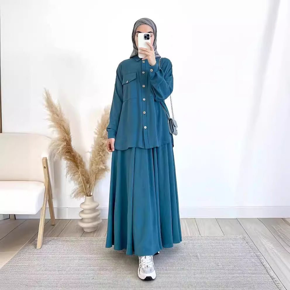 Button-Up Shirt & Flared Maxi Skirt Two-Piece Co-ord Set(MS525) - Mariam's Collection