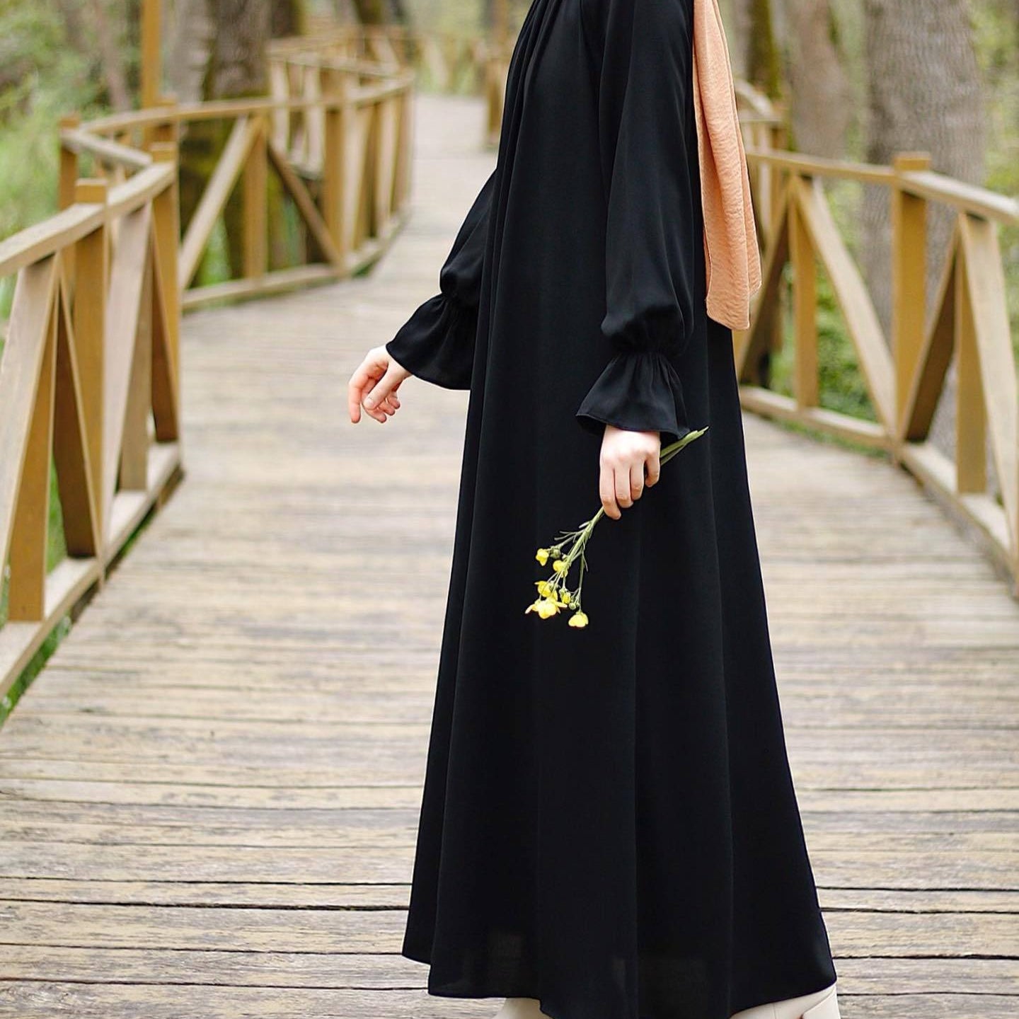Bell Sleeve Chiffon Abaya | Round Neck Pocket Maxi Dress(MA363)