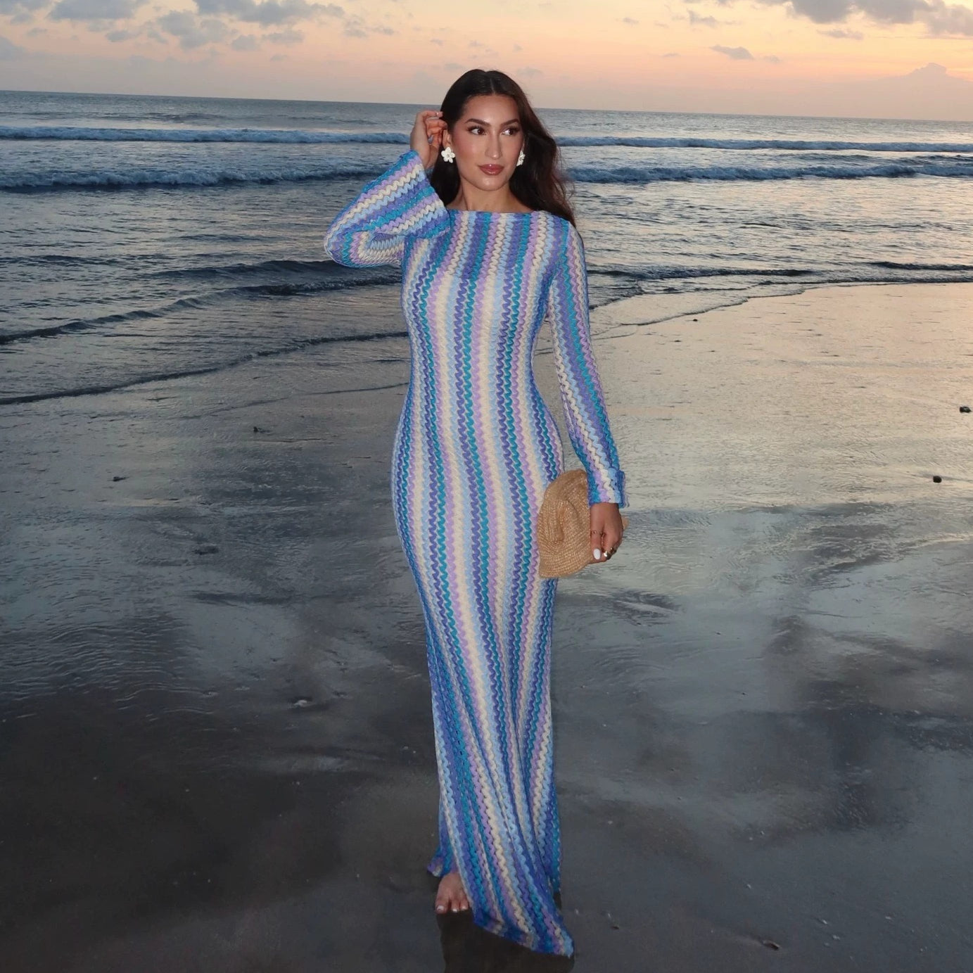Rainbow Jacquard Flared-Sleeve Maxi Dress(MS486)