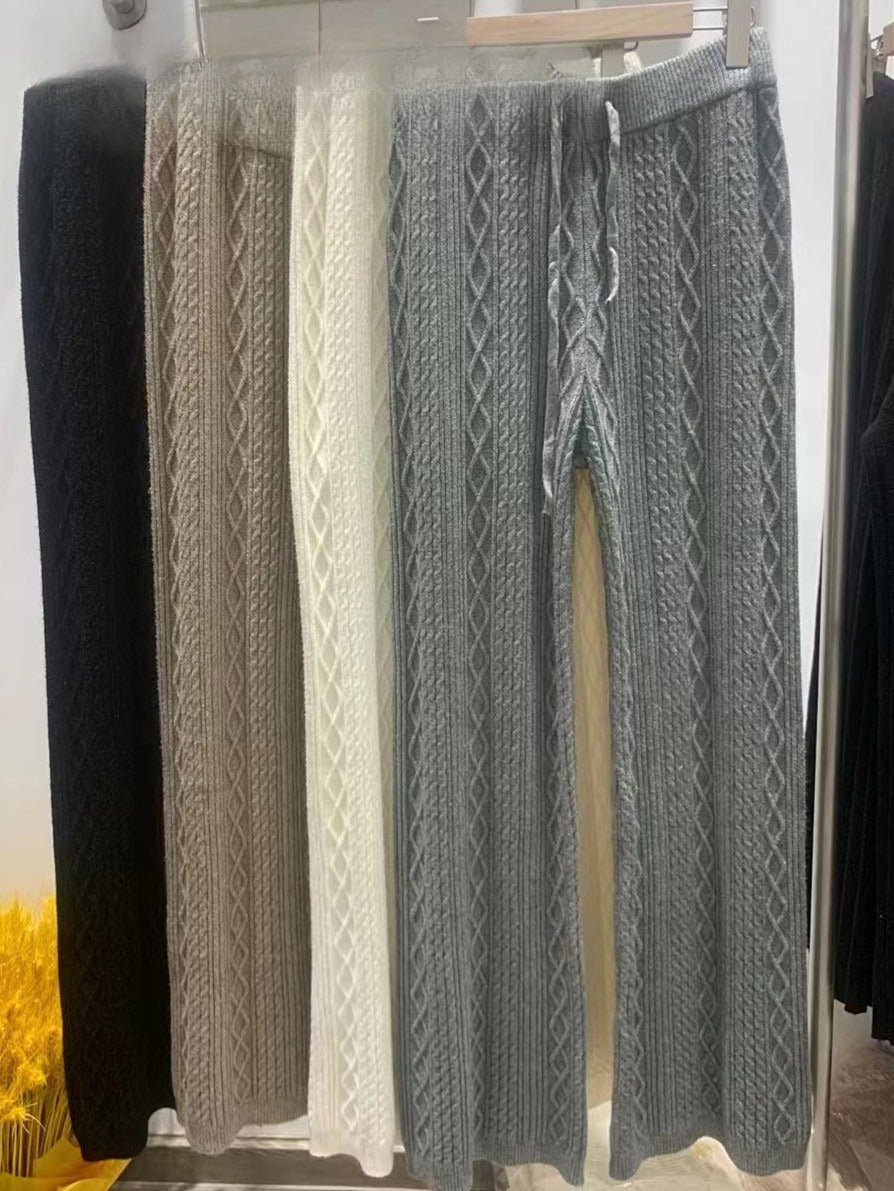 Cable Knit Wide Leg Pants | High Waist Drawstring Lounge Pants(MS163) - Mariam's Collection
