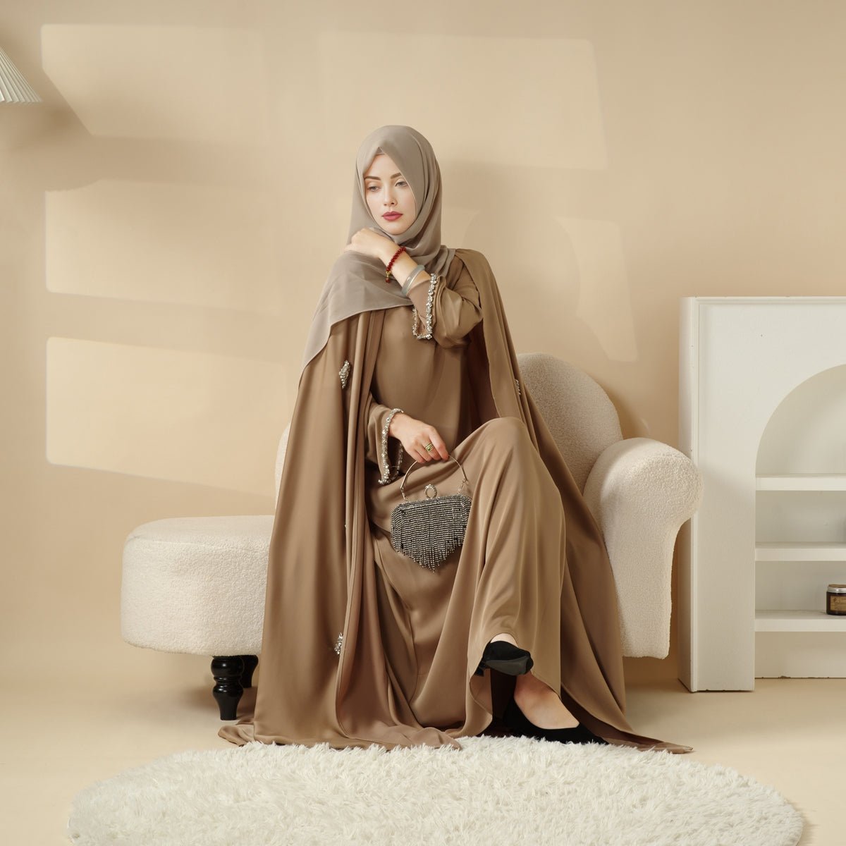 Cape Abaya, Haute Couture Heavy Rhinestone Abaya (MOA067) - Mariam's Collection