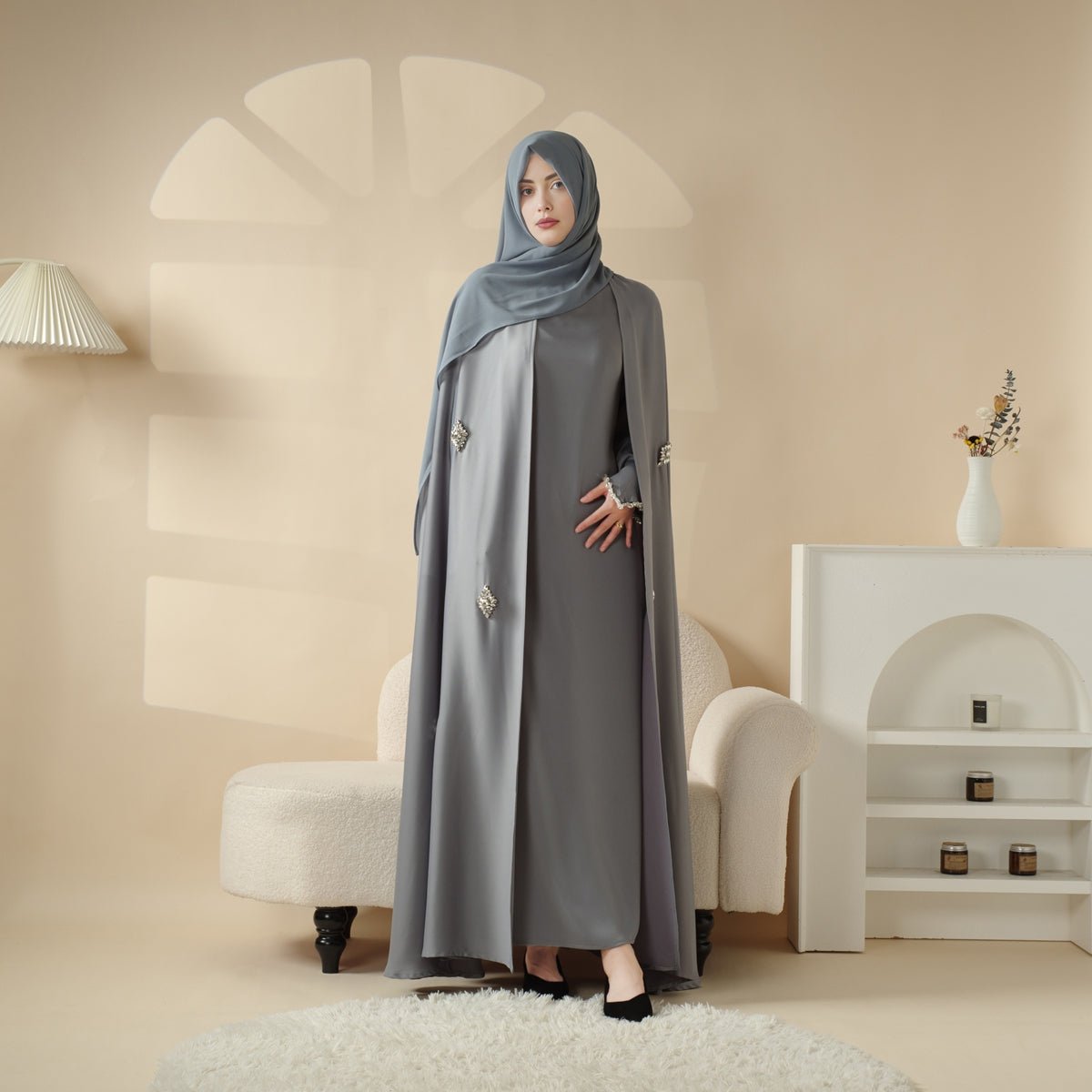 Cape Abaya, Haute Couture Heavy Rhinestone Abaya (MOA067) - Mariam's Collection