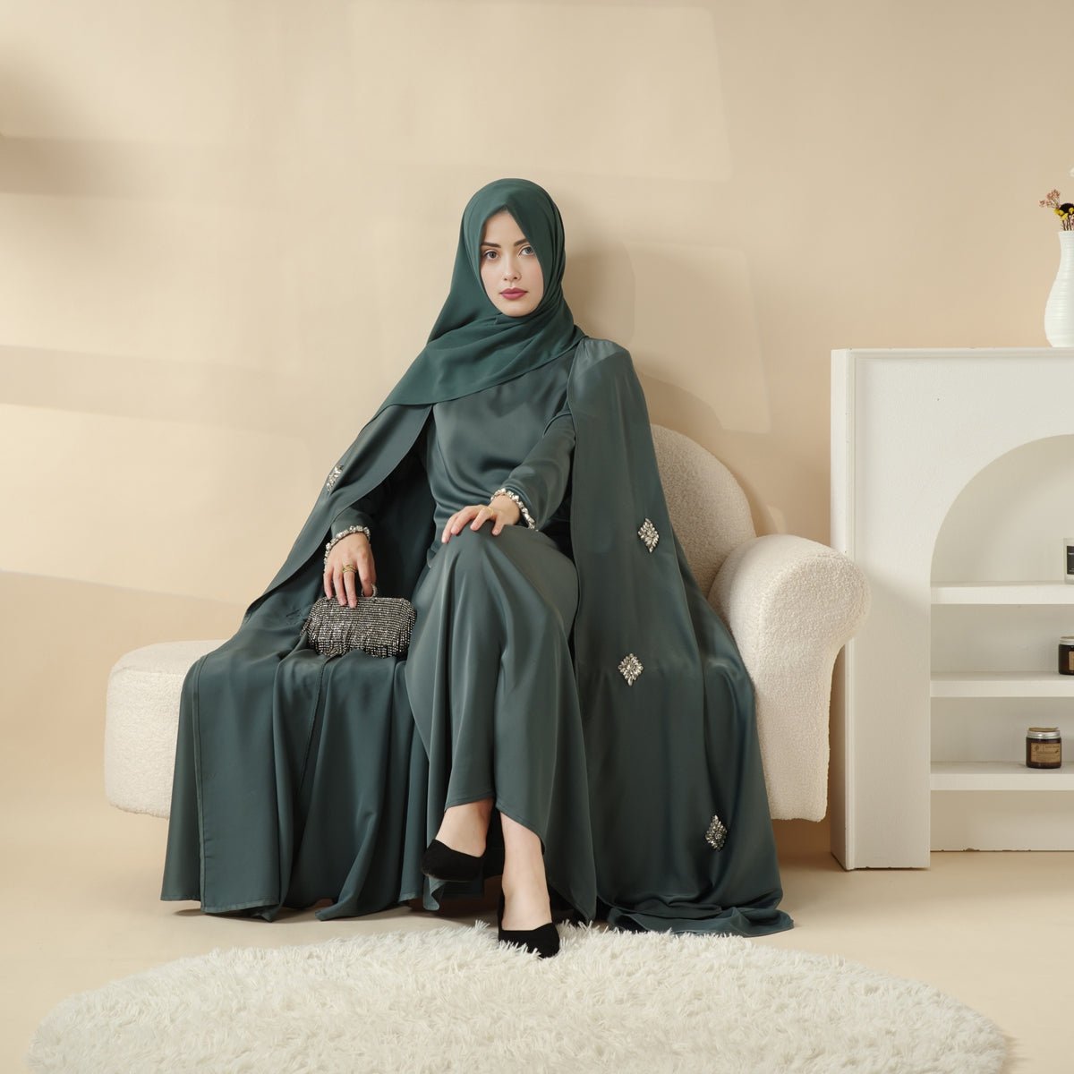 Cape Abaya, Haute Couture Heavy Rhinestone Abaya (MOA067) - Mariam's Collection