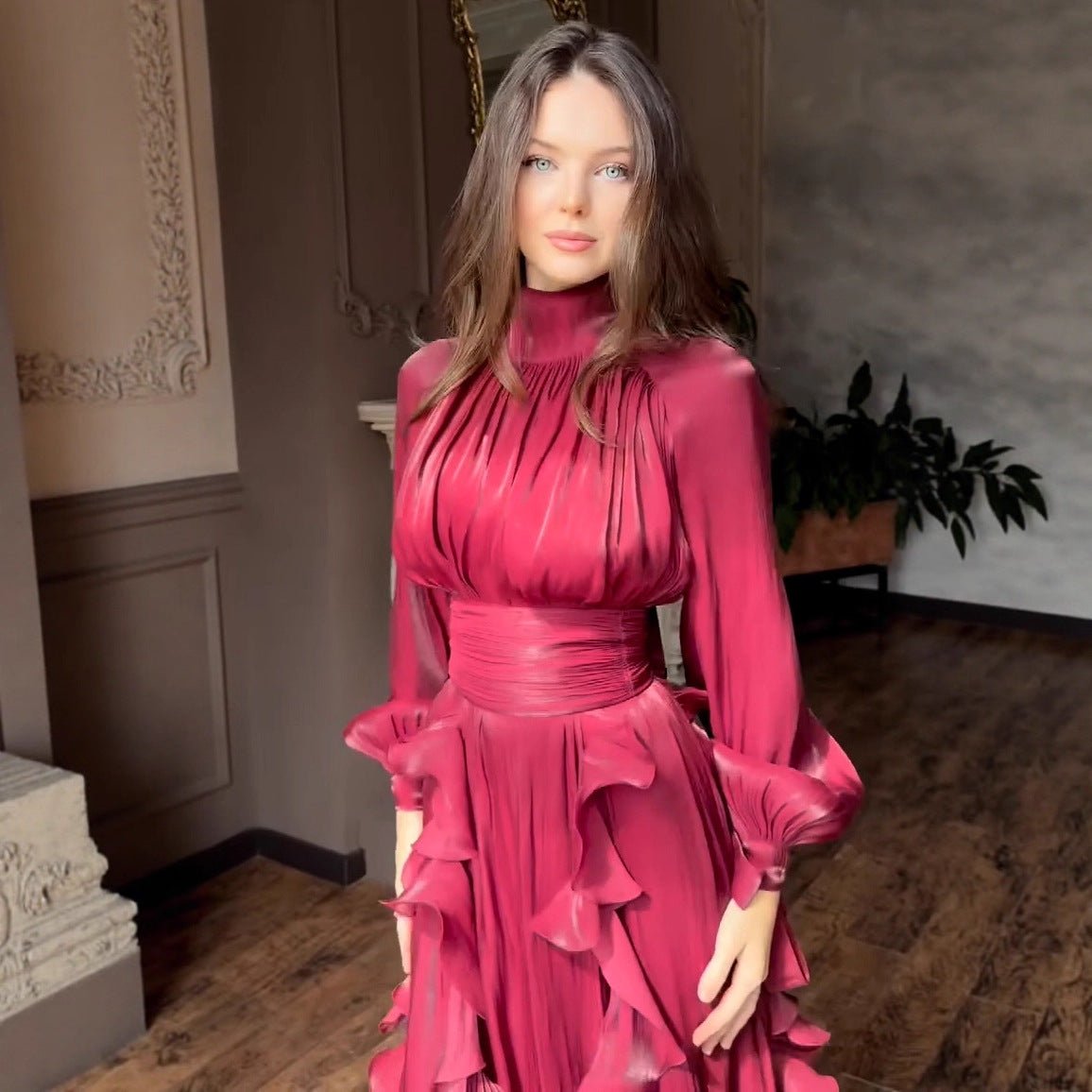 Cascading Ruffle Gown | High Neck Tie - Waist Maxi Dress(MS231) - Mariam's Collection