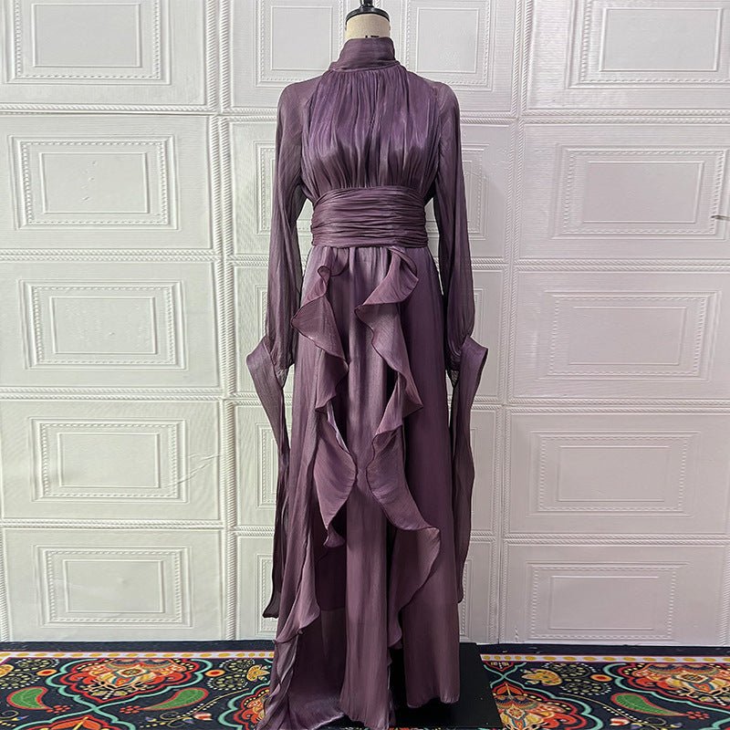 Cascading Ruffle Gown | High Neck Tie - Waist Maxi Dress(MS231) - Mariam's Collection