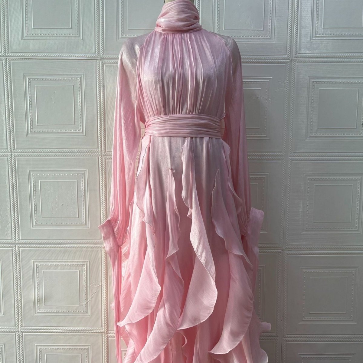 Cascading Ruffle Gown | High Neck Tie - Waist Maxi Dress(MS231) - Mariam's Collection