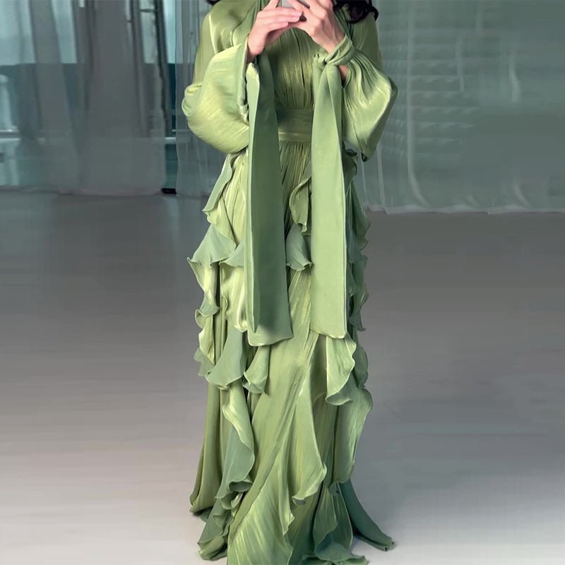 Cascading Ruffle Gown | High Neck Tie - Waist Maxi Dress(MS231) - Mariam's Collection