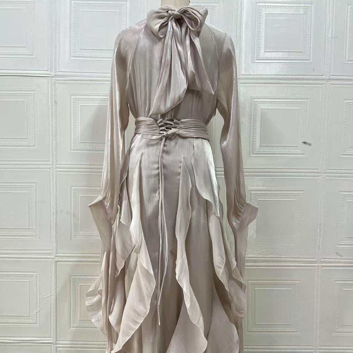 Cascading Ruffle Gown | High Neck Tie - Waist Maxi Dress(MS231) - Mariam's Collection