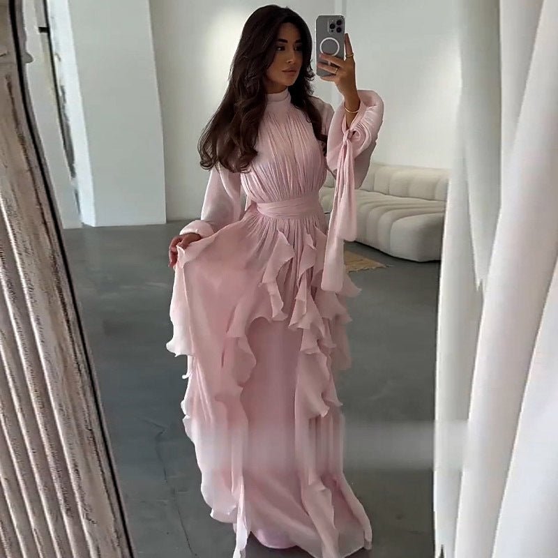 Cascading Ruffle Gown | High Neck Tie - Waist Maxi Dress(MS231) - Mariam's Collection