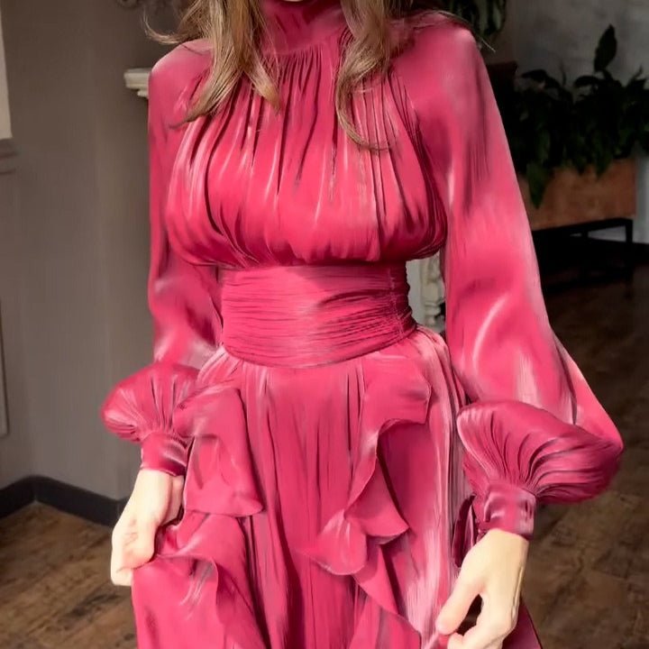 Cascading Ruffle Gown | High Neck Tie - Waist Maxi Dress(MS231) - Mariam's Collection