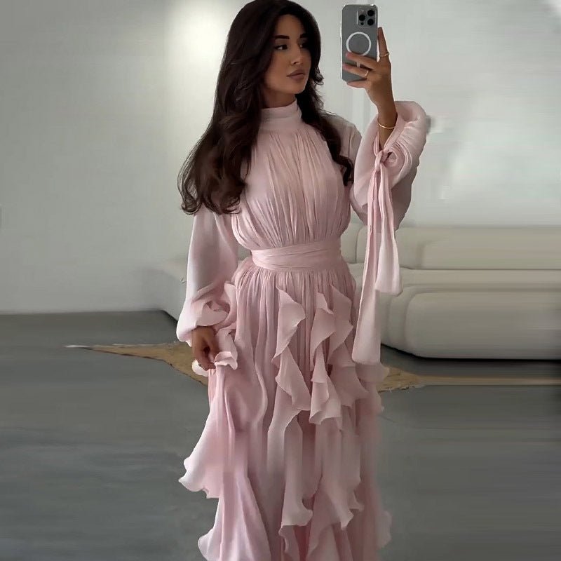 Cascading Ruffle Gown | High Neck Tie - Waist Maxi Dress(MS231) - Mariam's Collection