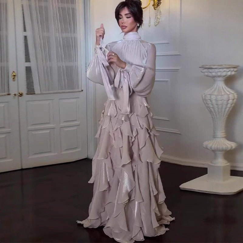 Cascading Ruffle Gown | High Neck Tie - Waist Maxi Dress(MS231) - Mariam's Collection