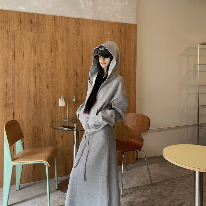 Casual Grey Zip - Up Hoodie & High Waist Drawstring A - Line Skirt Set(MS130) - Mariam's Collection