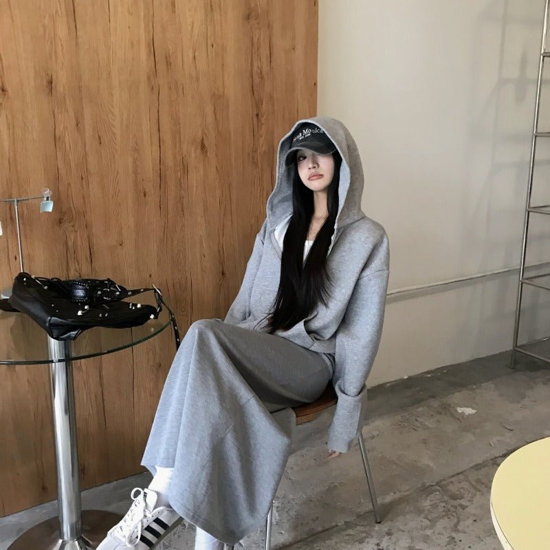 Casual Grey Zip - Up Hoodie & High Waist Drawstring A - Line Skirt Set(MS130) - Mariam's Collection