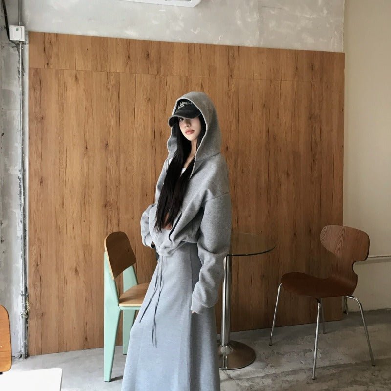 Casual Grey Zip - Up Hoodie & High Waist Drawstring A - Line Skirt Set(MS130) - Mariam's Collection