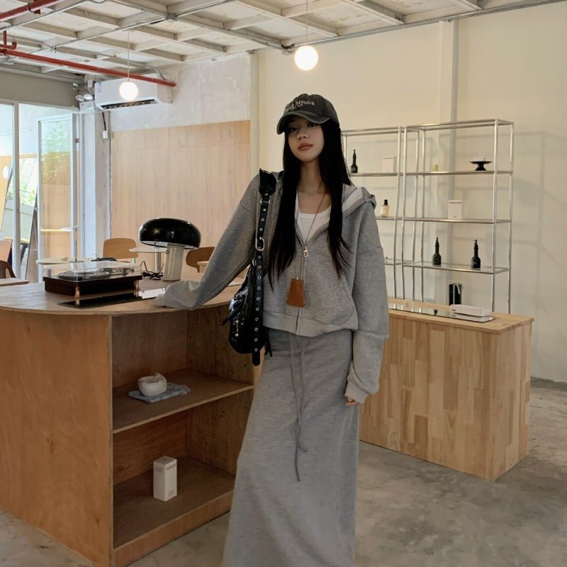 Casual Grey Zip - Up Hoodie & High Waist Drawstring A - Line Skirt Set(MS130) - Mariam's Collection