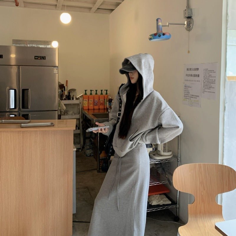 Casual Grey Zip - Up Hoodie & High Waist Drawstring A - Line Skirt Set(MS130) - Mariam's Collection