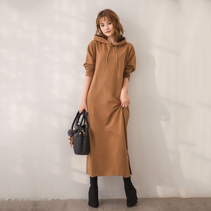 Casual Hooded Maxi Dress with Drawstring | Long Sleeve Split Hem Dress with Pockets(MS118) - Mariam's Collection